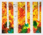 Aspen 18x24 $75. Aspen trunks against yellow and orange foliage.